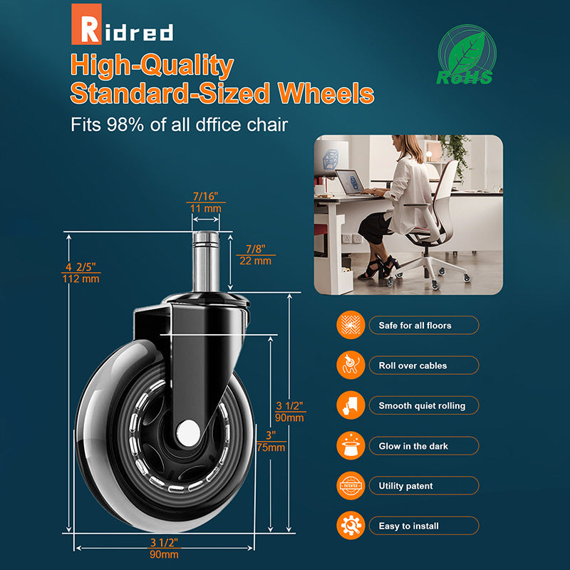 RidRed Office Chair Wheels-Replacement Rubber Wheels-Universal Fit 3 Inch Casters