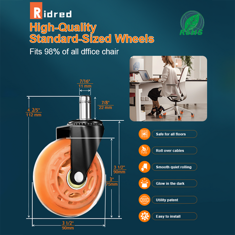 RidRed Gaming Rubber Wheels - Heavy-Duty Office Chair Wheels -Universal Fit 3 Inch Chair Casters