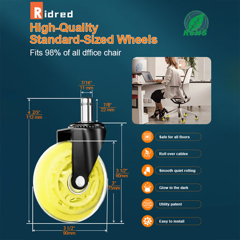 RidRed Gaming Chair Wheels -Replacement Rubber Casters- Universal Fit 3 Inch Chair Casters