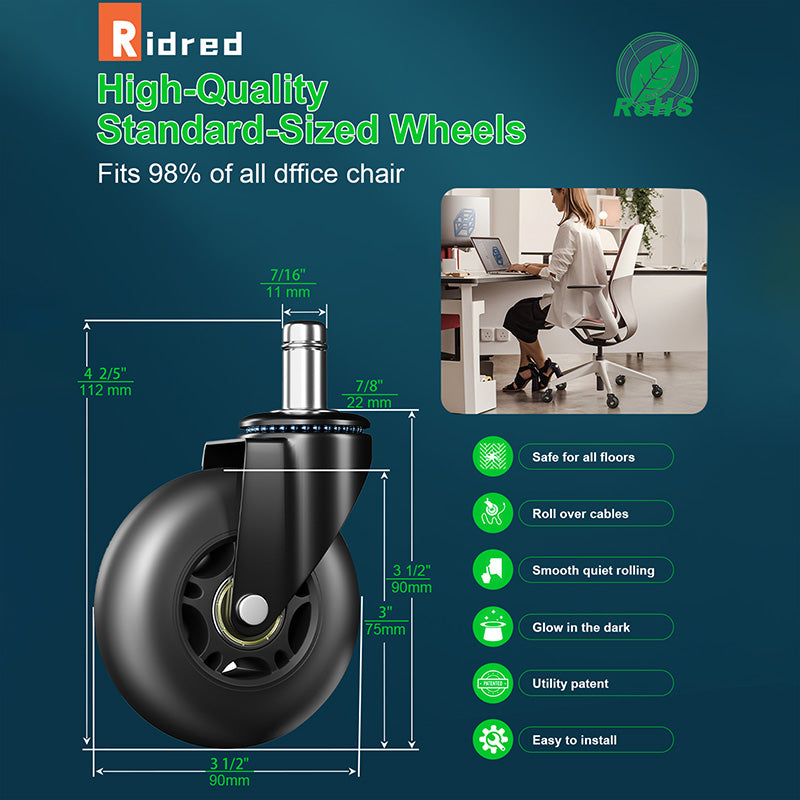 RidRed Office Chair Wheels-Universal Fit 3 Inch Computer Gaming Desk Caster Wheels