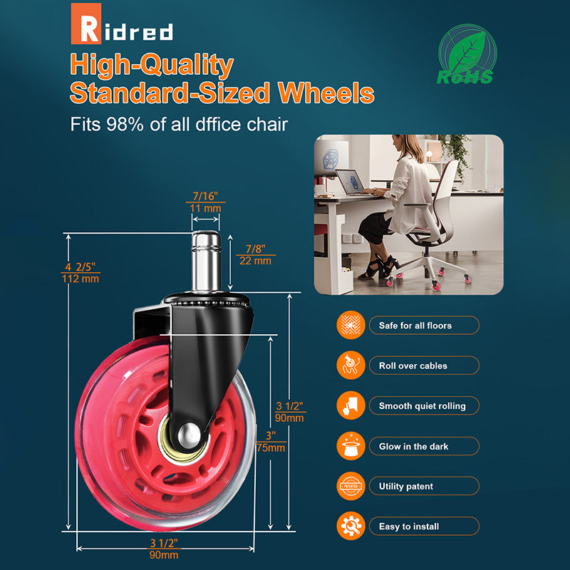 RidRed Gaming Rubber Wheels - Heavy-Duty Office Chair Wheels-Universal Fit 3 Inch Chair Casters