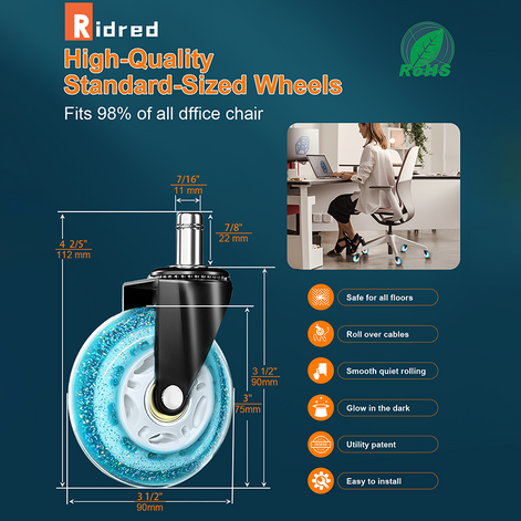 RidRed Gaming Chair Wheels-Replacement Rubber Casters-Universal Fit 3 Inch Chair Casters