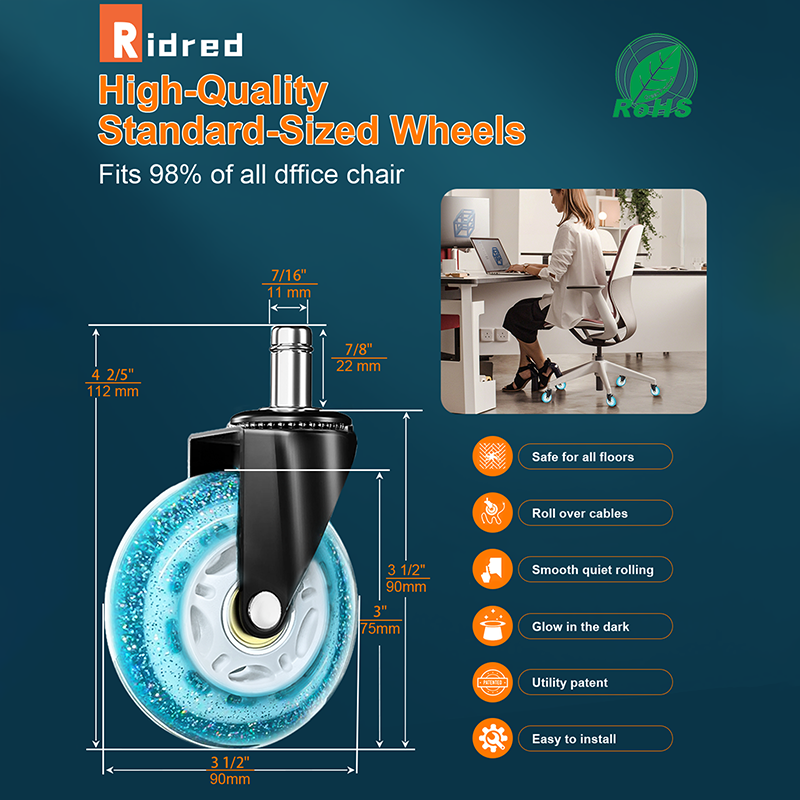 RidRed Gaming Chair Wheels-Replacement Rubber Casters-Universal Fit 3 Inch Chair Casters
