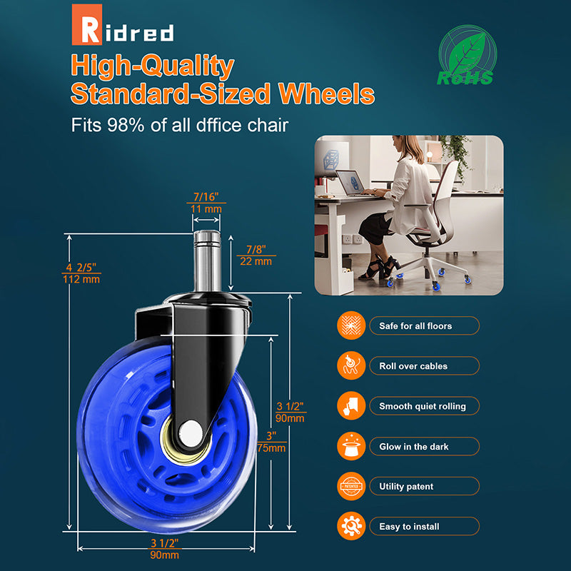 RidRed Chair Wheels-Replacement Rubber Wheels-Universal Fit 3 Inch Casters